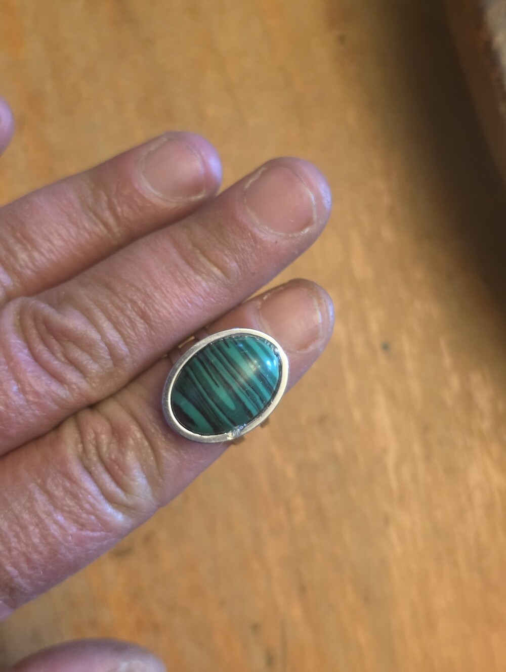 Malachite Oval Gemstone In Silver Tone Adjustable Ring Bezel